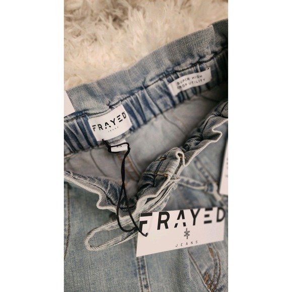 FRAYED Women's Super Rise Crop Utility Jeans Distressed Frayed Hem Tie Waist - Picture 3 of 4